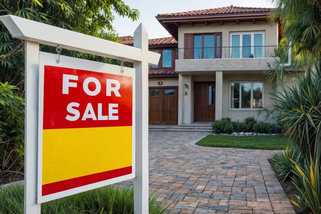 A red and white for sale sign in front of a house. Real estate for sale, big house with a beautiful yard and big driveway. Private house sale concept Arizona Home For Sale 1024x683